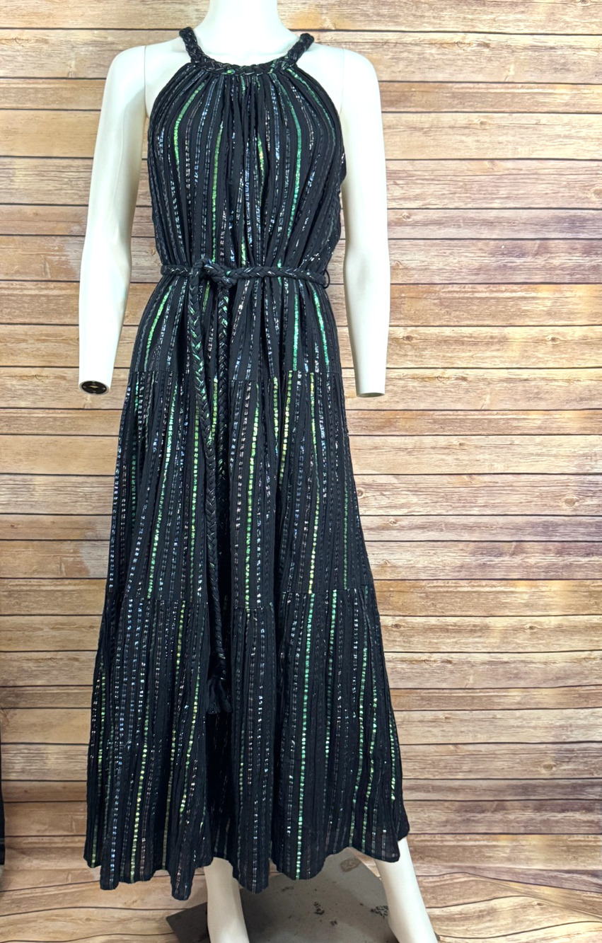 Modern Soul Black Metallic Striped Sleeveless Braided Detail Maxi Dress L